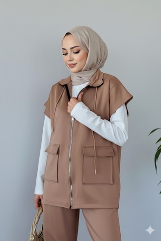 Unika Boutique Kadın Yelek Pantolon İkili Tesettür Takım Scuba Rahat Kesim 4 Mevsim - Günlük Vizon