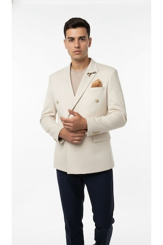 Plus Scorpion Erkek Suet Blazer Ceket Şık Düğmeli Takım Elbise Üstü Slim Fit Model Krem