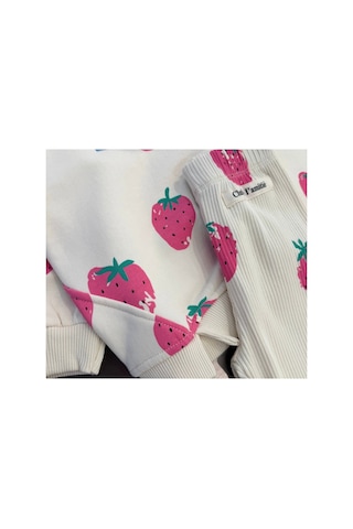 Fleurs Chic Pembe Çilek Desen Sweatshirt Tayt Takım Krem