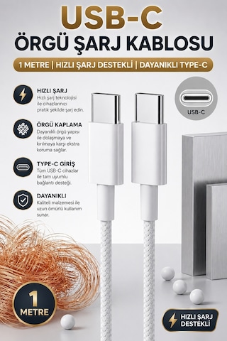 USB-C Örgü Şarj Kablosu 1 Metre Hızlı Şarj Destekli Dayanıklı Type-C Kablo Tüm Telefonlarla Uyumlu