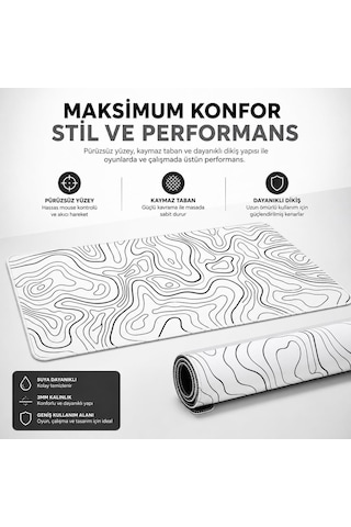 90x40 Cm Mouse Pad, Siyah Topografik Kontur Desenli Büyük Gaming Mouse Pad, Kaymaz Kauçuk Tabanlı, Dikişli Kenarlı