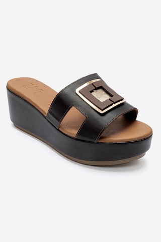 Luvishoes Hıola Kahverengi Hakiki Deri Tokalı Kadın Dolgu Topuklu Terlik