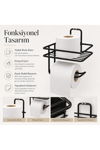 Yapışkanlı Siyah Raflı Tuvalet Kağıtlığı, Delmeden Montaj Duvar Tipi Tuvalet Kağıdı Tutucu, Banyo Ve Wc Organizer 16.5 x 12.2 x 11.2 CM