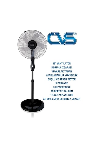 Cvs 16 İnç Ayaklı Vantilatör 40 W Güçlü Hava Akışı İle Siyah Modern Tasarım