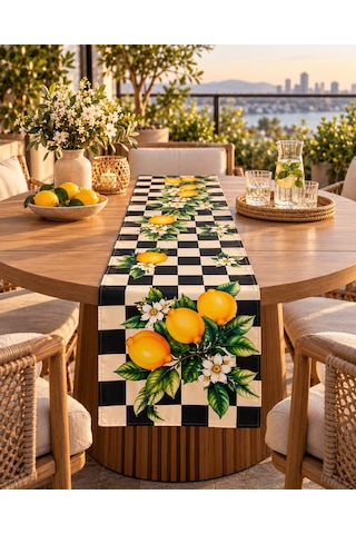 Siyah Beyaz Damalı Limon Desenli 45x140cm Masa Runnerı Çok Renkli