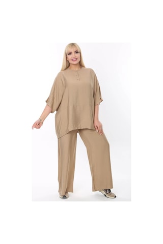Mia Butik Büyük Beden Bej Yuvarlak Yaka Salaş Takım Bej