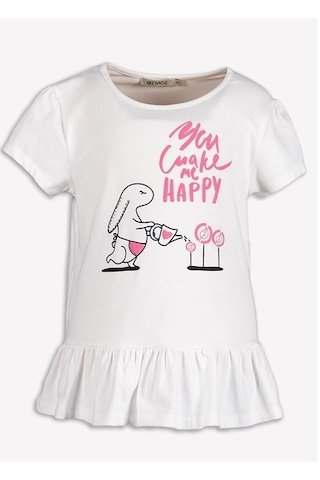 Etek Ucu Fırfırlı Kız Çocuk Tunik -Tshirt Beyaz