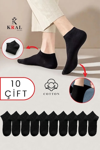 Kral Socks Kadın - Erkek 10 Çift Düz Desen Ekonomik Bilek Boy Patik Çorap Siyah