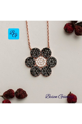 Oniks Zirkon Taşlı Rose Çiçek Kolye Rose - Gold - Gümüş