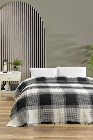 Çift Kişilik Pike 200x235 Cm Ekose Serisi Yatak Örtüsü Ekose Siyah