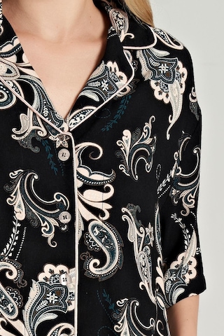 Feyza Kadın Kısa Kol Önden Düğmeli Dokuma Siyah Pijama Takım C0t1n0o5 001