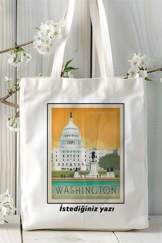 Art Hediye Washington Baskılı Bez Çanta Omuz Çantası Kişiye Özel Desen Çok Renkli