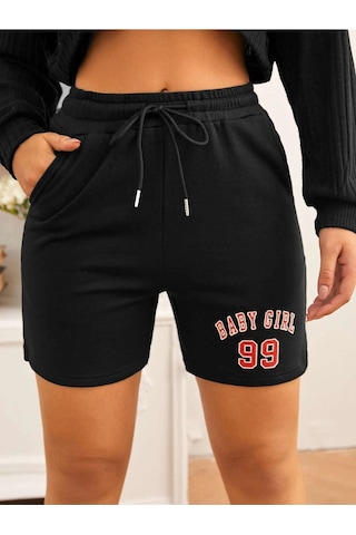 Siyah Kısa Baby Girl Şort - Penye Baskılı Kordonlu Siyah