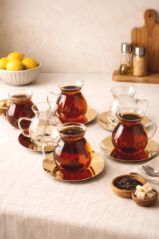 Keyf-i Ala 18 Parçametal Altlıklı Cam Kaşıklı Çay Bardağı Seti 200 Ml Beyaz