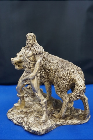 Tyr Savaş Tanrısı Heykeli - Kurtlu Try Biblo - 26 Cm Mitolojik Obje Hediyelik Dekor Altın