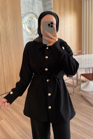 Gold Düğme Detaylı Fitilli Takım - Siyah Siyah