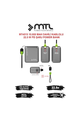 15000 Mah 22.5w Turbo Şarj Dahili Kablolu Led Göstergeli Pd Ve Qc 3.0 Powerbank Mt4515 Çok Renkli