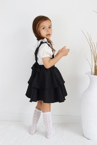 Kız Çocuk Helen Siyah Askılı Kat Kat Bağlama Jile Elbise Dantel Detay Ekru Kısa Kollu Bluz Takım
