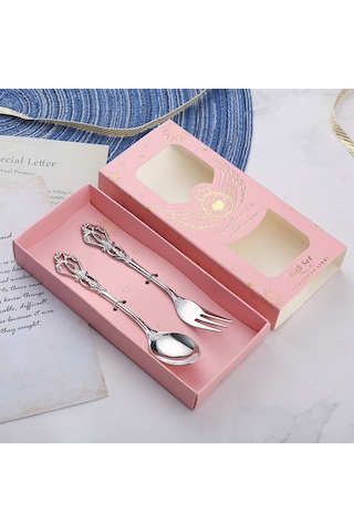 Sones 2 Adet / Paket Retro Ajurlu Oymalı Tatlı Kaşığı Çatal Seti Oymalı Çatal Bıçak Takımı Hediye Kutusu, Stil: Pembe Kutu