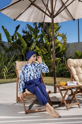 Mayom Tam Kapalı Paraşüt Kumaş Crop Model Damla Desenli Tesettür Mayo - 2527 Lacivert-mavi