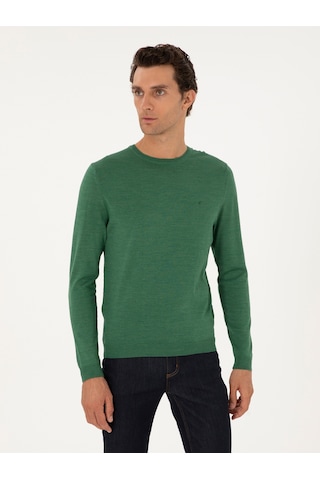 Cacharel Açık Yeşil Slim Fit Yün Karışımlı Bisiklet Yaka Basic Triko Kazak Acık Yesıl