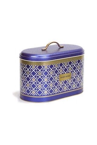 Turkish Blue Bread Box Desenli Oval Metal Ekmek Kutusu, 10.4 Lt Mavi