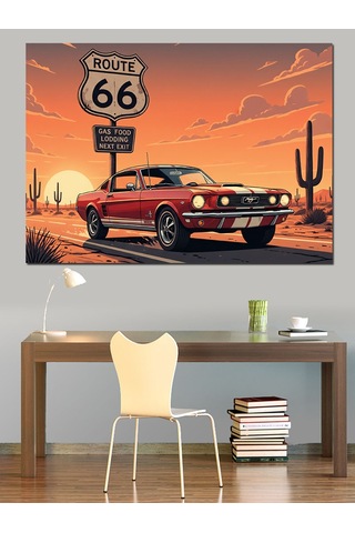 Route 66 Kırmızı Retro Araba Ve Vahşi Batı Yol Manzarası Dekoratif Kanvas - Mdf Ahşap Tablo
