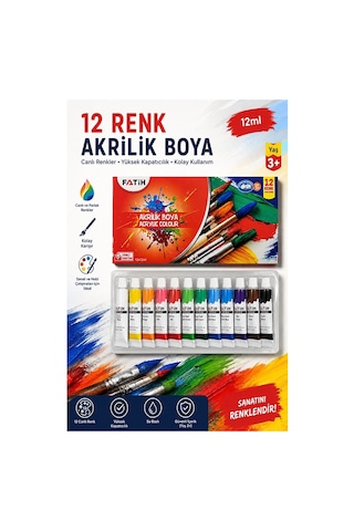 Akrilik Boya 12 Renk Tüp 1 Paket Fatih 12 Ml 12 Li Akrilik Boya Resim Dersi Tuval Ahşap Taş Boya Seti Çok Renkli