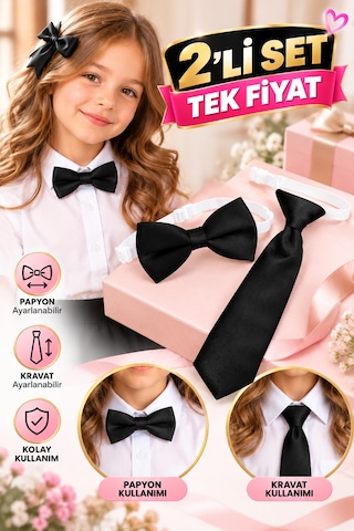 Cappadocians Erkek & Kız Çocuk 1-7 Yaş Lastikli Kravat & Lastikli Papyon - Siyah Renk 2'li Set - Unisex Kravat & Papyon