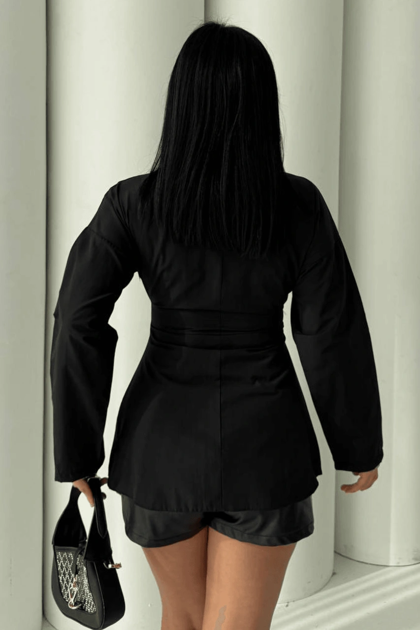 Kadın V Yaka Fermuarlı Gömlek Siyah