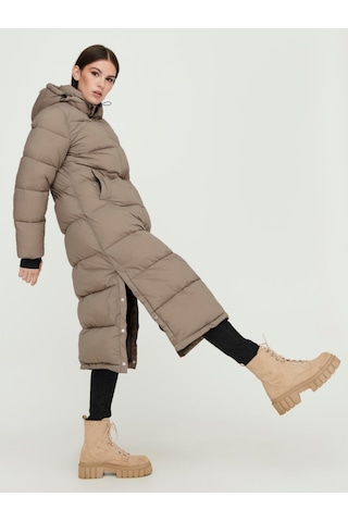Only Ann Premium Puffer X-long Otw Kadın Kahverengi Kapüşonlu Mont 15287913-GRY Kahverengi