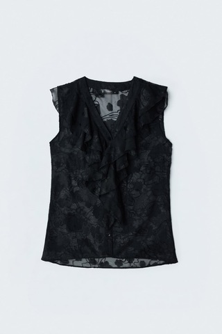 Sateen Fırfırlı Nakışlı Şifon Gömlek - Siyah-137455
