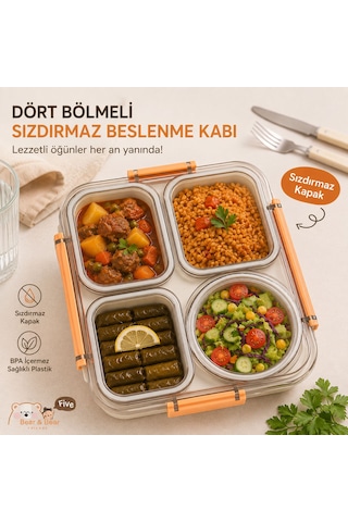 Sosluklu 4 Bölmeli Gıdaya Uygun Plastik Yemek Kabı Sızdırmaz Kapaklı Taşınabilir Diyet Beslenme Kabı 611 1800ml Açık Turuncu