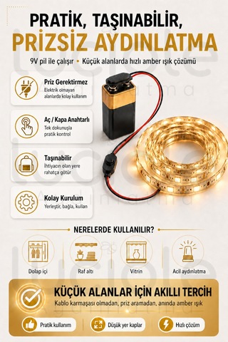 3 Metre Amber 9v Pilli Anahtarlı Şerit Led Set Pil Dahil Prizsiz Yapışkanlı Dolap Raf Işığı