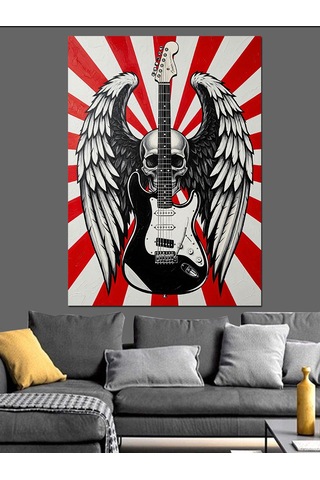 Kanatlı Kurukafa Ve Gitar Rock Konser Posteri Dekoratif Kanvas - Mdf Ahşap Tablo