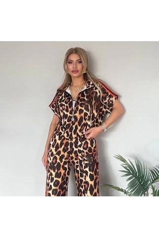 Defymoda Kadın Dalgıç Kumaş Dijital Leopar Baskılı Şerit Detaylı Takım Leopar
