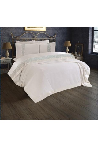 Finezza Beatrice Şönil Kumaş Kreme Mint Bantlı Çift Kş.Yatak Örtü Mint Yeşili