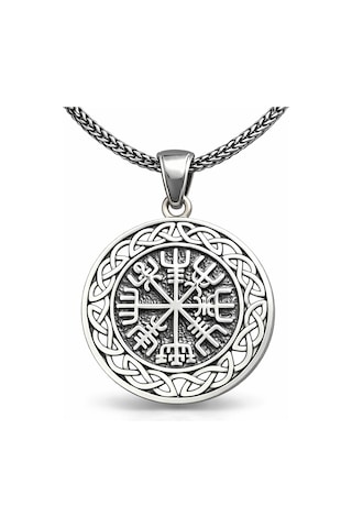 Gümüş Vegvisir Viking Pusulası Erkek Kolye Çok Renkli