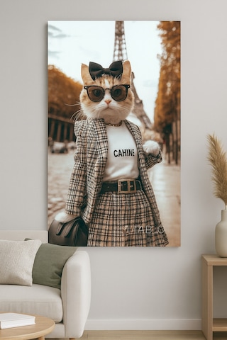 Paris Moda Kedisi Cam Tablo Şık Gözlüklü Ve Takımlı Sanat Tasarım
