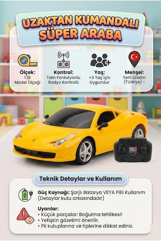 Uzaktan Kumandalı Süper Araba 1:18 Ölçekli 4 Fonksiyonlu Radyo Kontrol Sistemli Oyuncak Araba Sarı