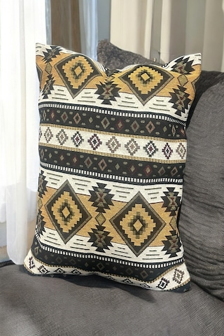 Kilim Desenli Kırlent Yüzü, Bohem Punch Kırlent Kılıfı, Nostaljik Desen Kırlent 45x45cm Sarı