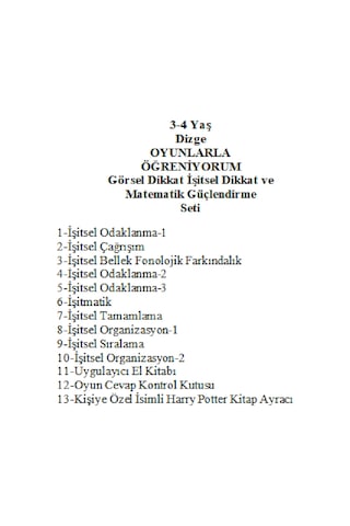 Önel Yayıncılık Dizge 3-4 Yaş Görsel İşitsel Dikkat ve Matematik Güçlendirme Seti + Kişiye Özel İsimli Harry Potter Kitap Ayracı