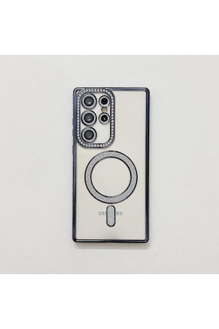 Samsung Galaxy S25 Ultra İçin Magsafe İle Uyumlu Kılıf Simli Kamera Kenar Taşlı Kapak Siyah