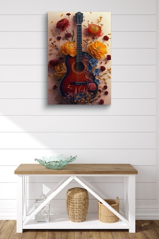 Etrafı Çiçek Kaplı Gitar Yağlı Kanvas Tablo