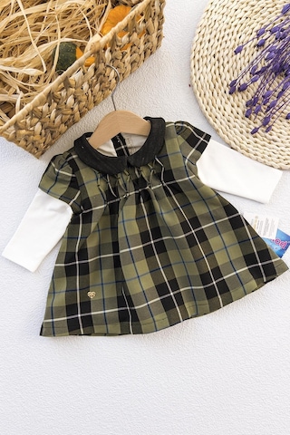 Babymod Ekose Desenli Kız Bebek Elbise Haki