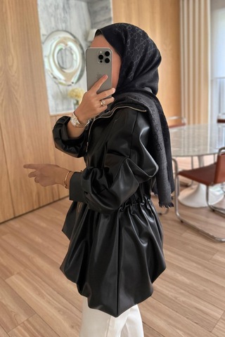 Beli Büzgülü Deri Ceket - Siyah Siyah