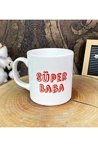 Süper Baba Tasarımlı Kupa Bardak Açık Ahşap