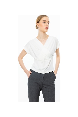On Minimalist V Yaka Crop Bluz - Kısa Kol - Günlük Ekru
