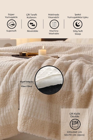 Evlen Home Çift Taraflı Kişilik Kürk Yorgan Dolgulu Peluş Yumuşak Wellsoft Yatak Örtüsü 3 Parça Set Aura Krem