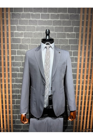 Dupont Classics Dupont Slim Fit Sivri Yaka 6 Drop Çift Yırtmaç Torba Cep Puntolu 2'li Takım Elbise Gri